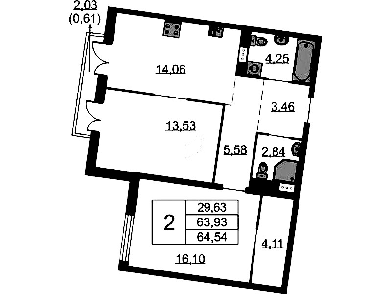 2-комнатная квартира 64.54 м², 6/9 эт., ЖК «Бакунина 33»